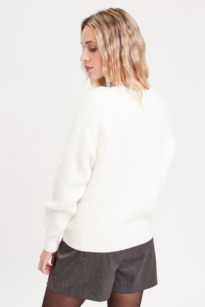 Gilet mailles duveteuses ecru femme