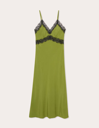 Robe longue ajustée dentelle vert foncé femme