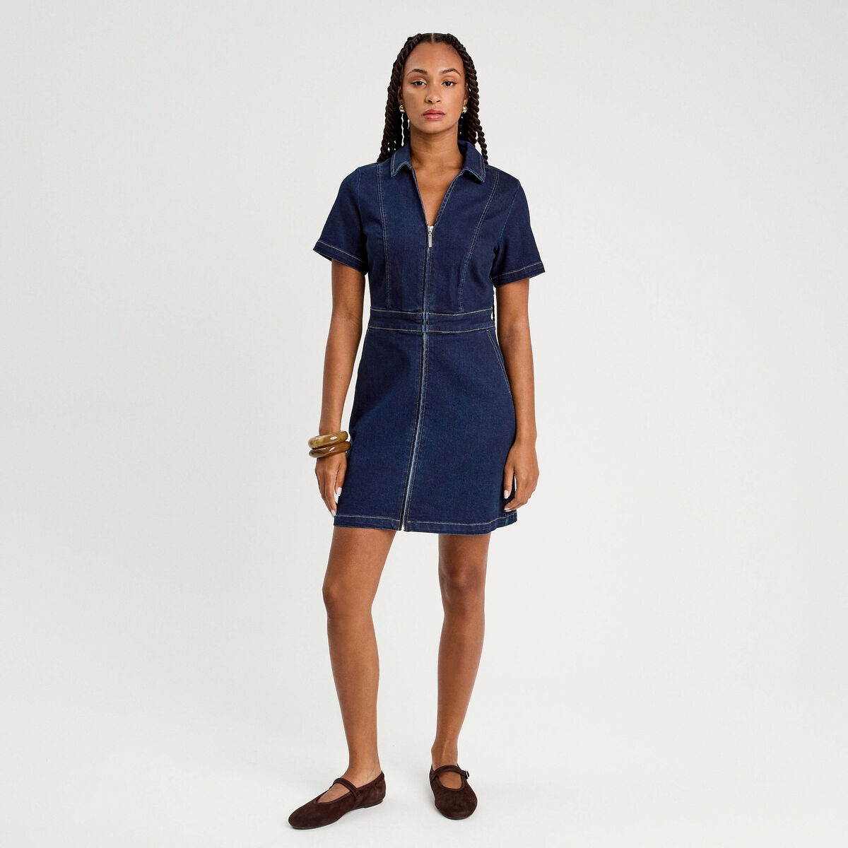 Robe droite zippée en jean denim brut femme