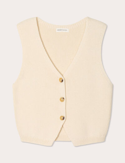 Gilet sans manches col en V ecru femme