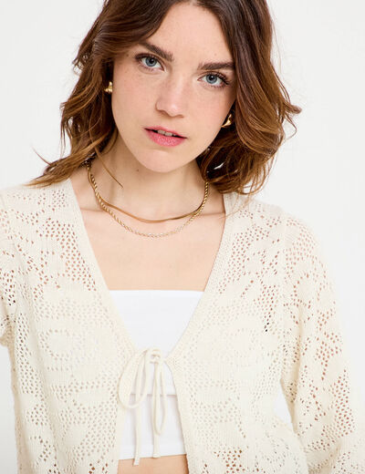 Gilet col v manches 3/4 aspect dentelle ecru femme
