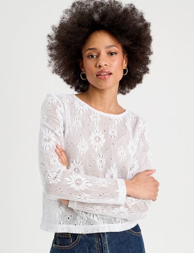T-shirt ajouré effet crochet blanc femme