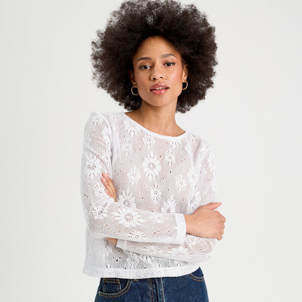t shirt ajoure effet crochet blanc femme T-shirt ajouré effet crochet blanc femme