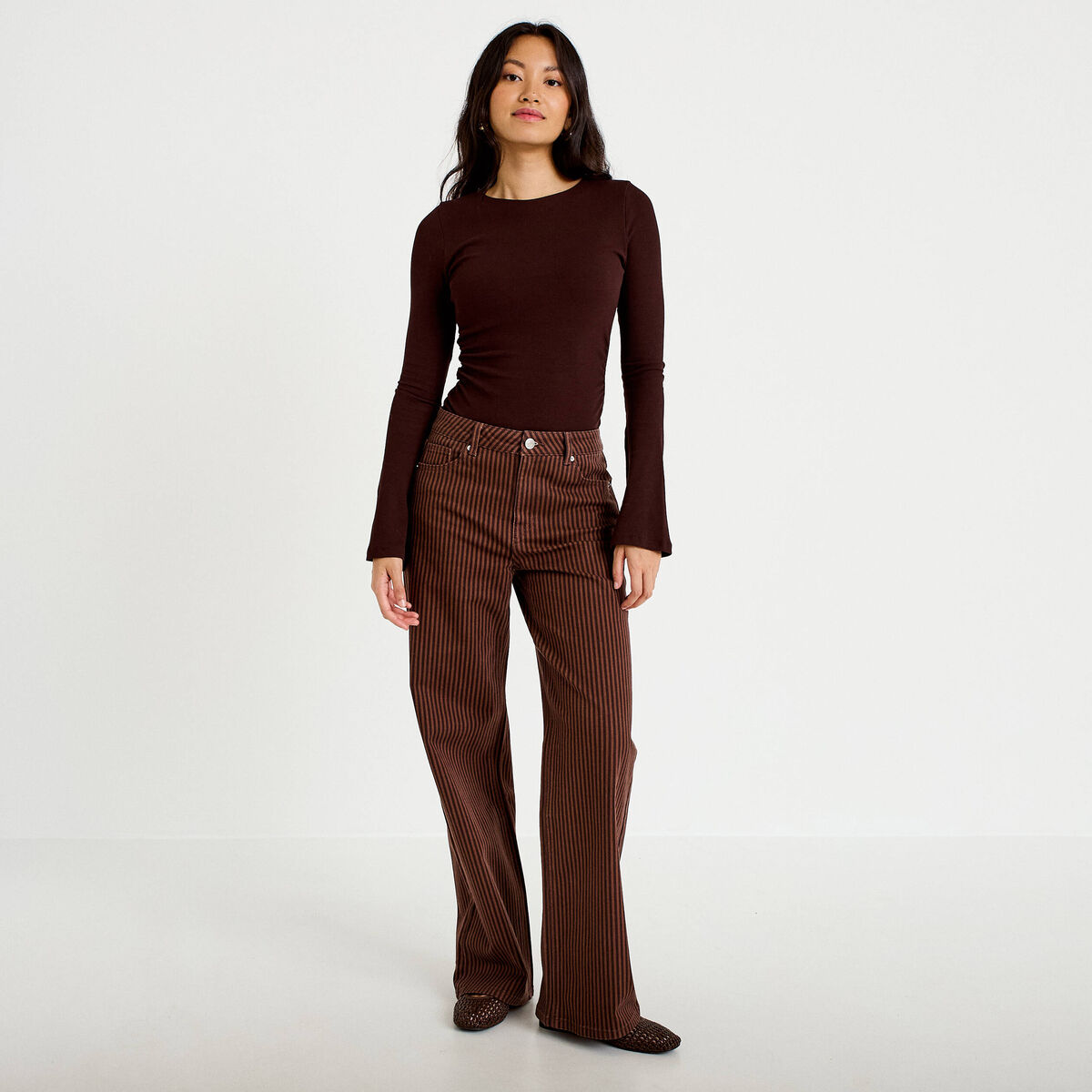 Jean wide leg ray&eacute; taille haute marron femme