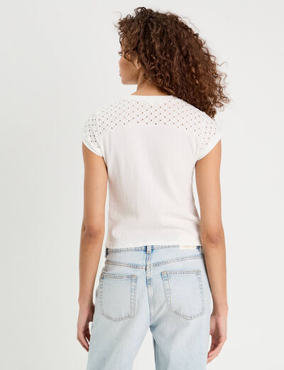 T-shirt détails ajourés ecru femme