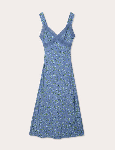 Robe longue évasée dentelle bleu foncé femme