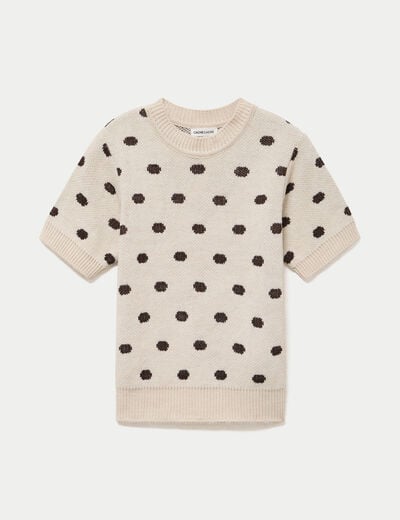 Pull cintr&eacute; col rond manches courtes ecru femme