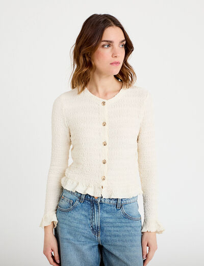 Gilet col rond manches longues ecru femme