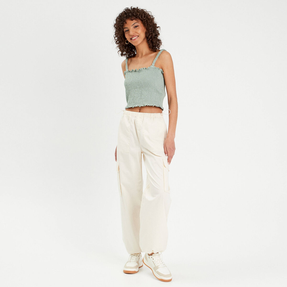Débardeur smocké vert olive femme