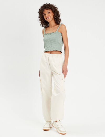 Débardeur smocké vert olive femme