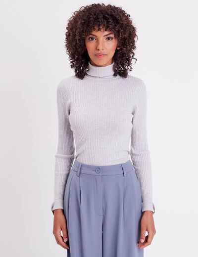 Pull col roulé côtelé gris clair femme