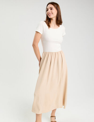 Robe longue évasée 2-en-1 beige femme
