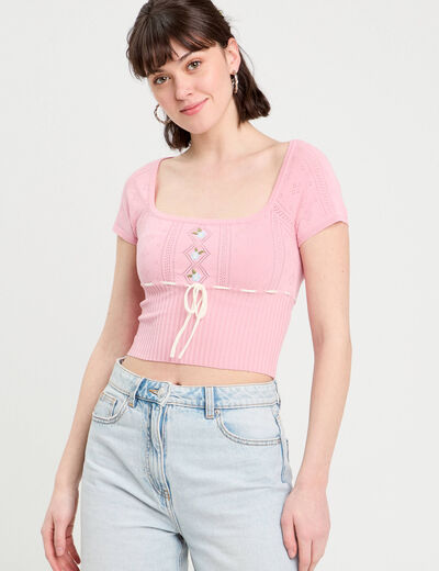 Pull cropped brodé rose poudrée femme
