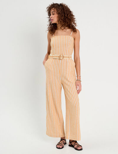 Combinaison pantalon bretelles avec lin jaune femme