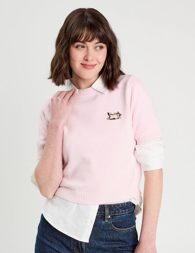 Pull manches courtes rose clair femme