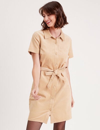 Robe droite velours ceinturée ecru femme