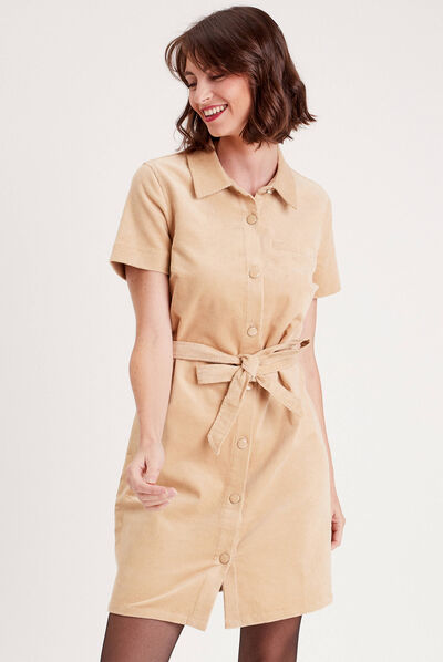 Robe droite velours ceinturée ecru femme