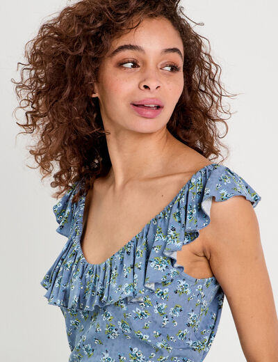 Blouse col volants bleu foncé femme
