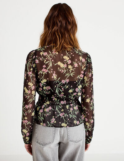 Blouse cintr&eacute;e col v manches longues noir femme