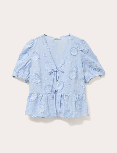 Blouse manches courtes noeuds bleu ciel femme