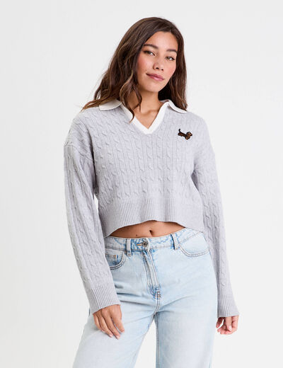 Pull manches longues col polo gris clair femme