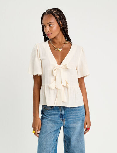 Blouse manches courtes noeuds ecru femme