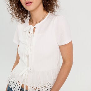 blouse nouee details brodes ecru femme Blouse nouée détails brodés ecru femme