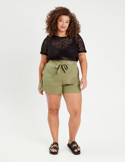 Short droit taille haute vert kaki femme