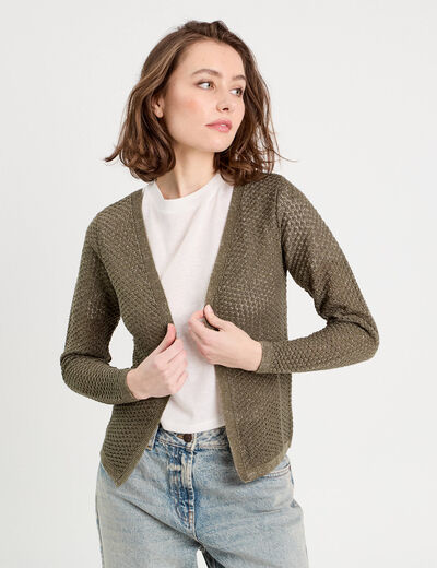 Gilet manches longues ajour&eacute; vert kaki femme