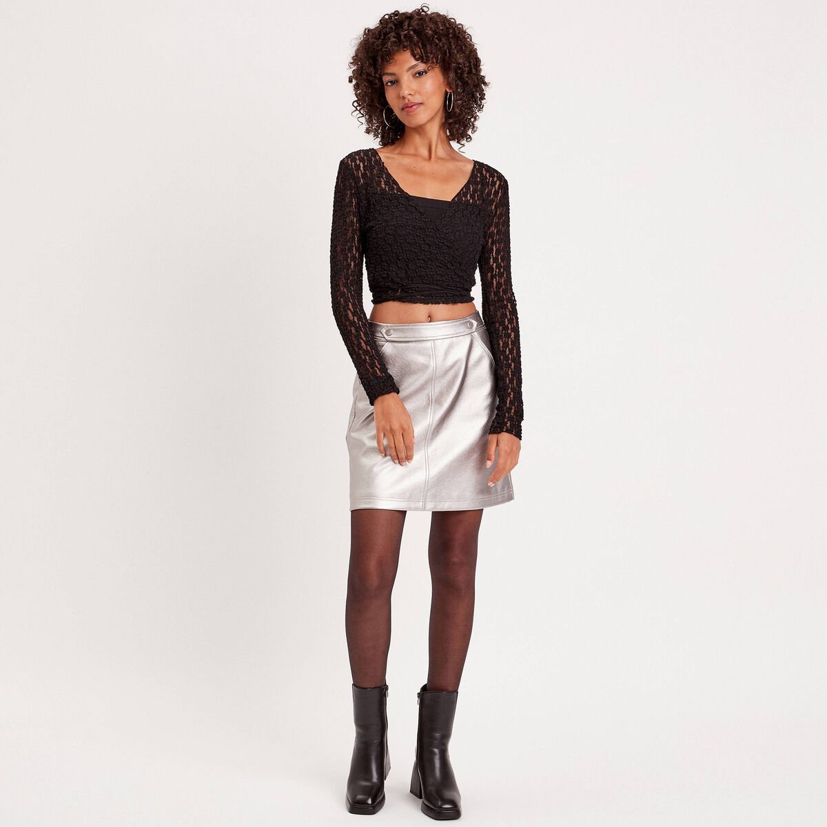 T-shirt dentelle noué noir femme