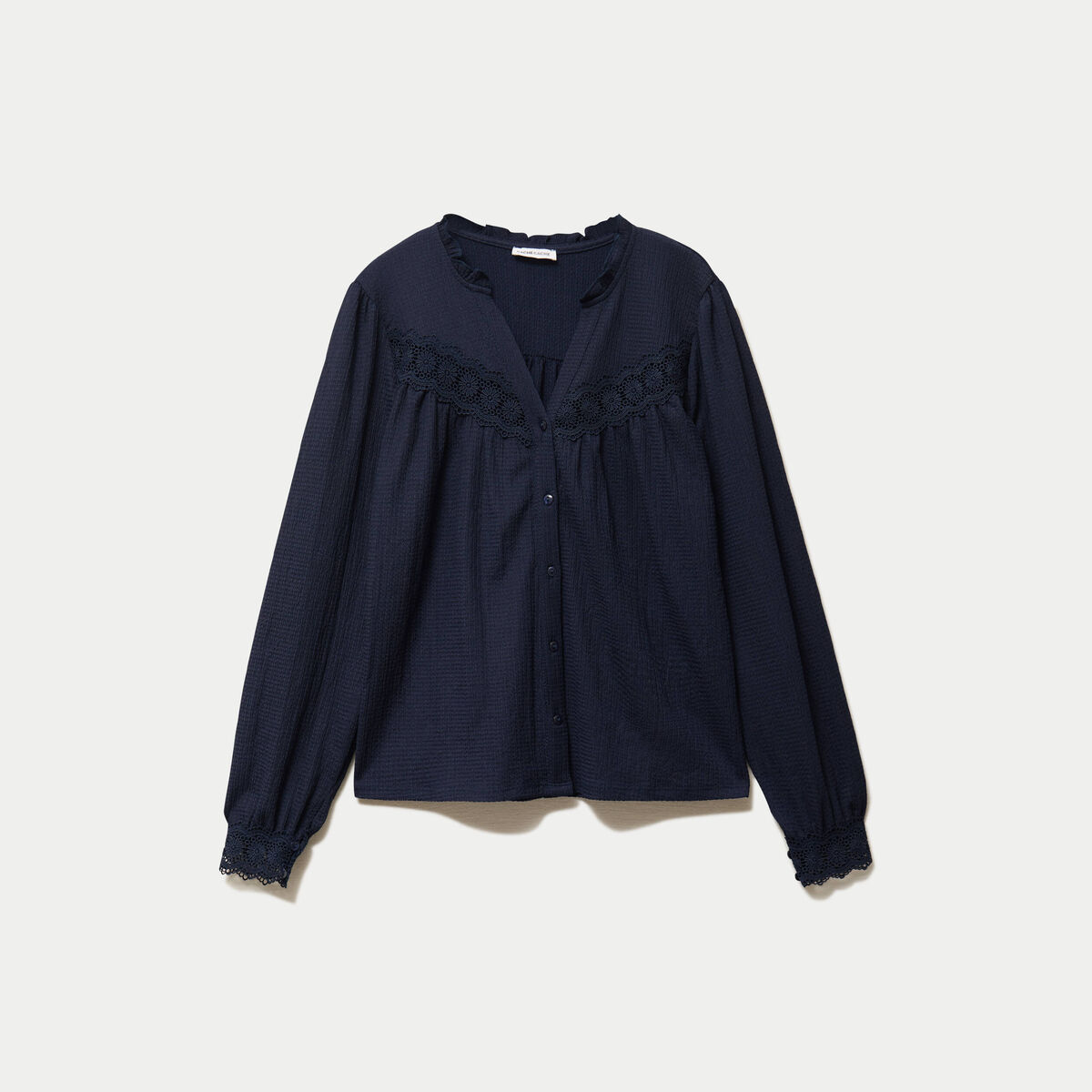 Blouse maille relief&eacute;e bleu marine femme