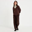 Sweat droit col rond d&eacute;tail dentelle marron fonc&eacute; femme