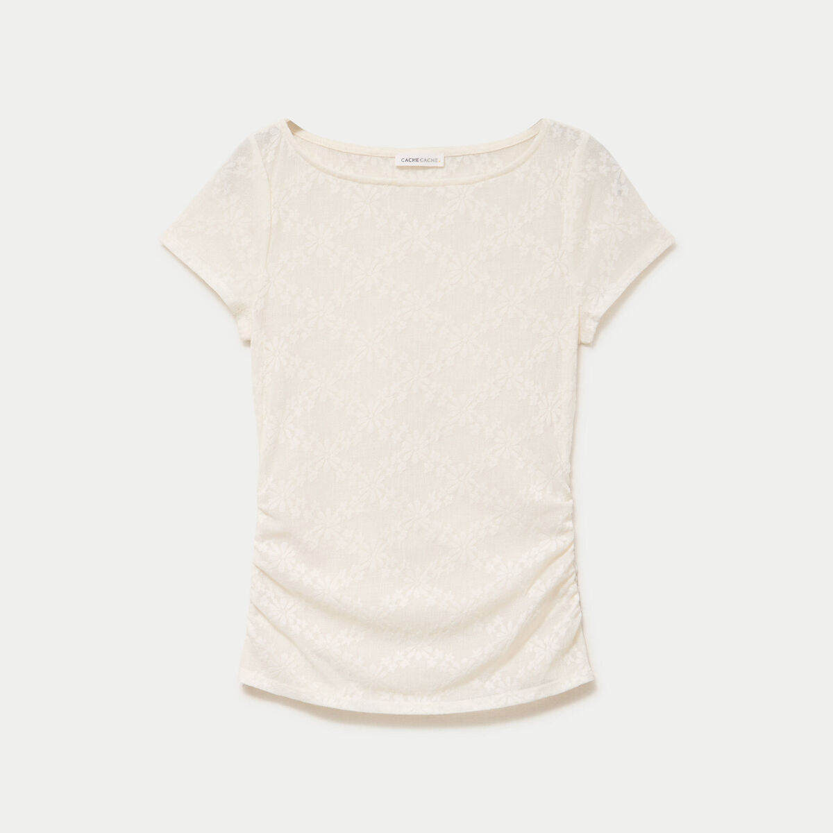 T-shirt ajust&eacute; dentelle col bateau ecru femme