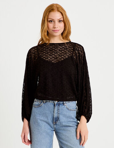 Blouse dentelle col rond manches longues noir femme