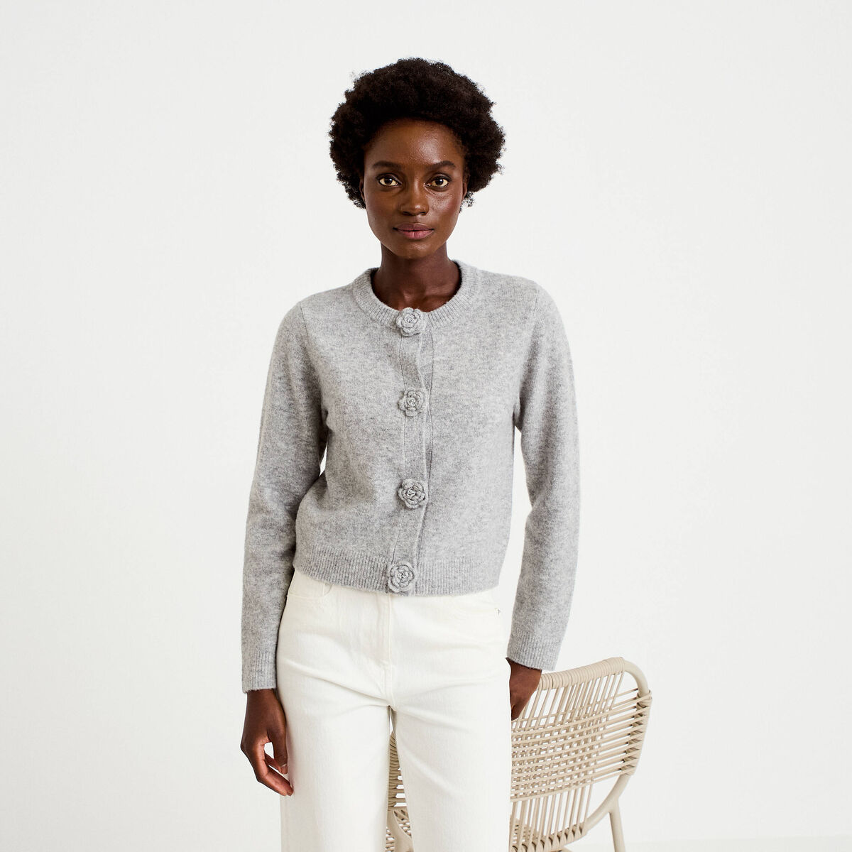 Gilet manches longues col rond gris clair femme