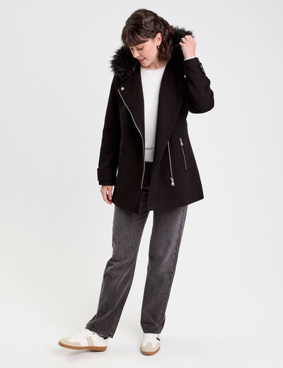 Manteau droit avec capuche noir femme