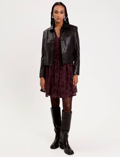 Robe courte &eacute;vas&eacute;e col v manches longues marron cognac femme