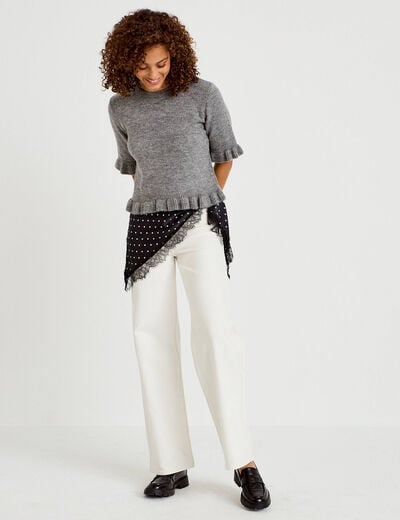 Pull col rond manches courtes gris clair femme