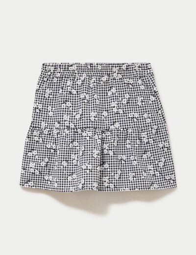 Jupe-short vichy broderie noir femme