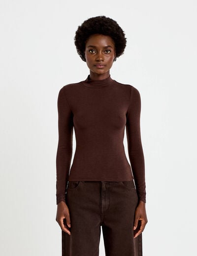 T-shirt ajust&eacute; col roul&eacute; dentelle marron fonc&eacute; femme