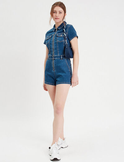 Combishort zippée en jean denim double stone femme