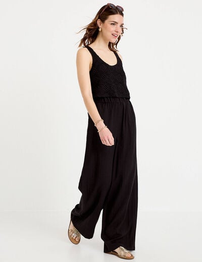 Combinaison bi-mati&egrave;re coupe large noir femme