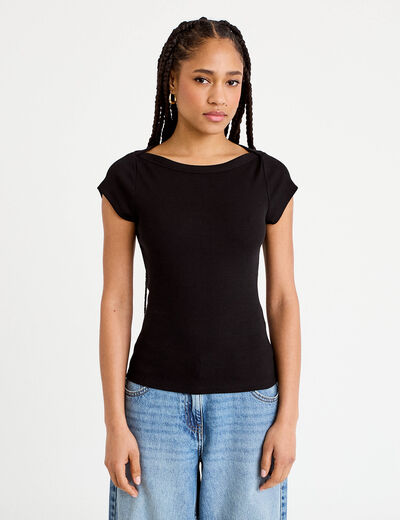 T-shirt cintr&eacute; col bateau noir femme