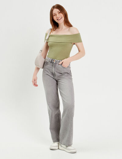 T-shirt manches courtes côtelé vert kaki femme