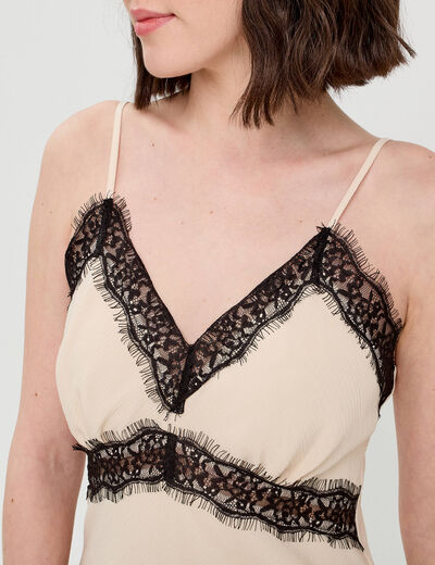 Robe longue ajustée dentelle sable femme