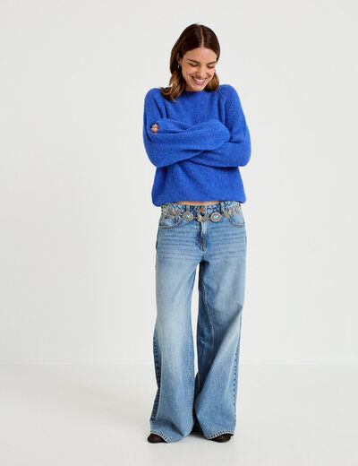 Pull ample col rond manches longues bleu electrique femme