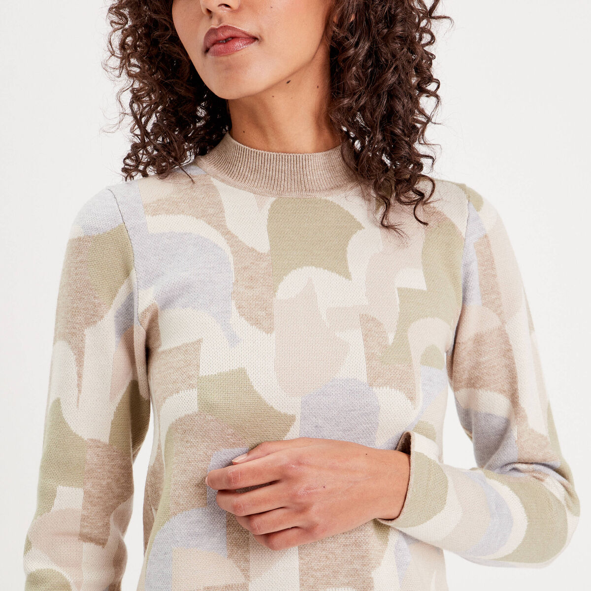 Robe pull droite col montant beige femme