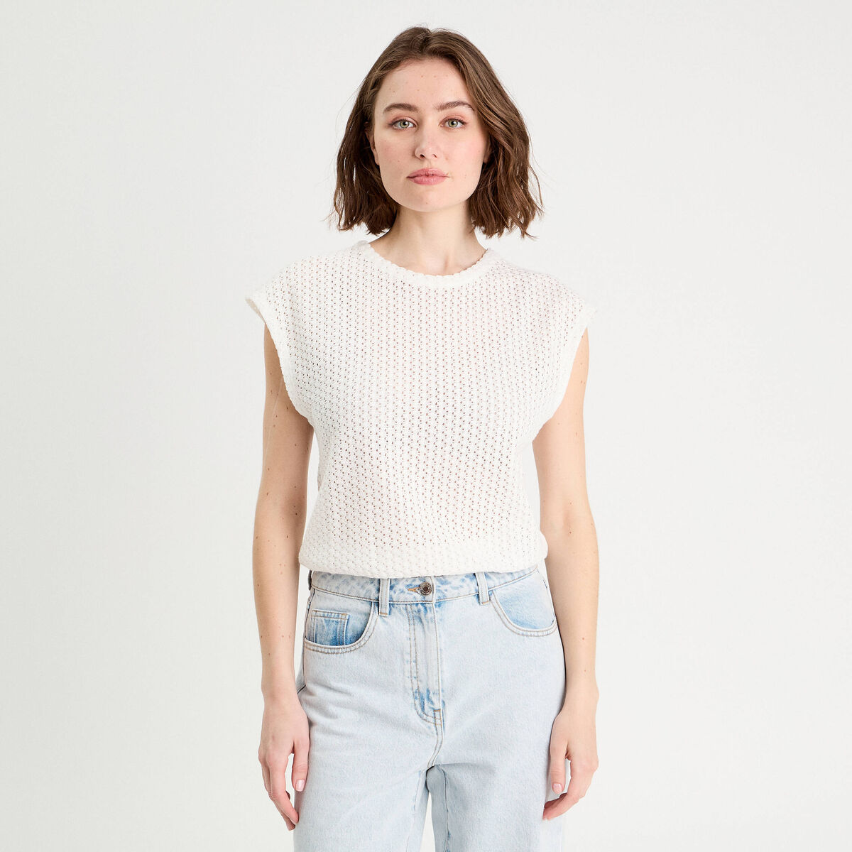 D&eacute;bardeur ajour&eacute; ecru femme
