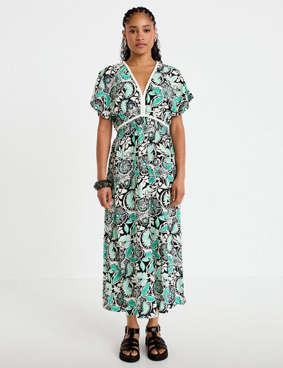 Robe &eacute;vas&eacute;e 3/4 col v manches courtes noir femme