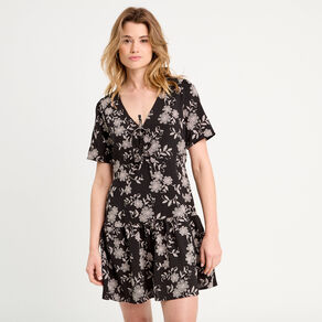 Robe évasée manches courtes noir femme